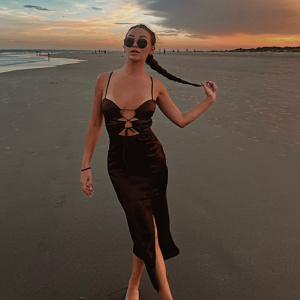 H&M DIVIDED Chocolate Brown Satin Cut Out Midi Dress | Size XS